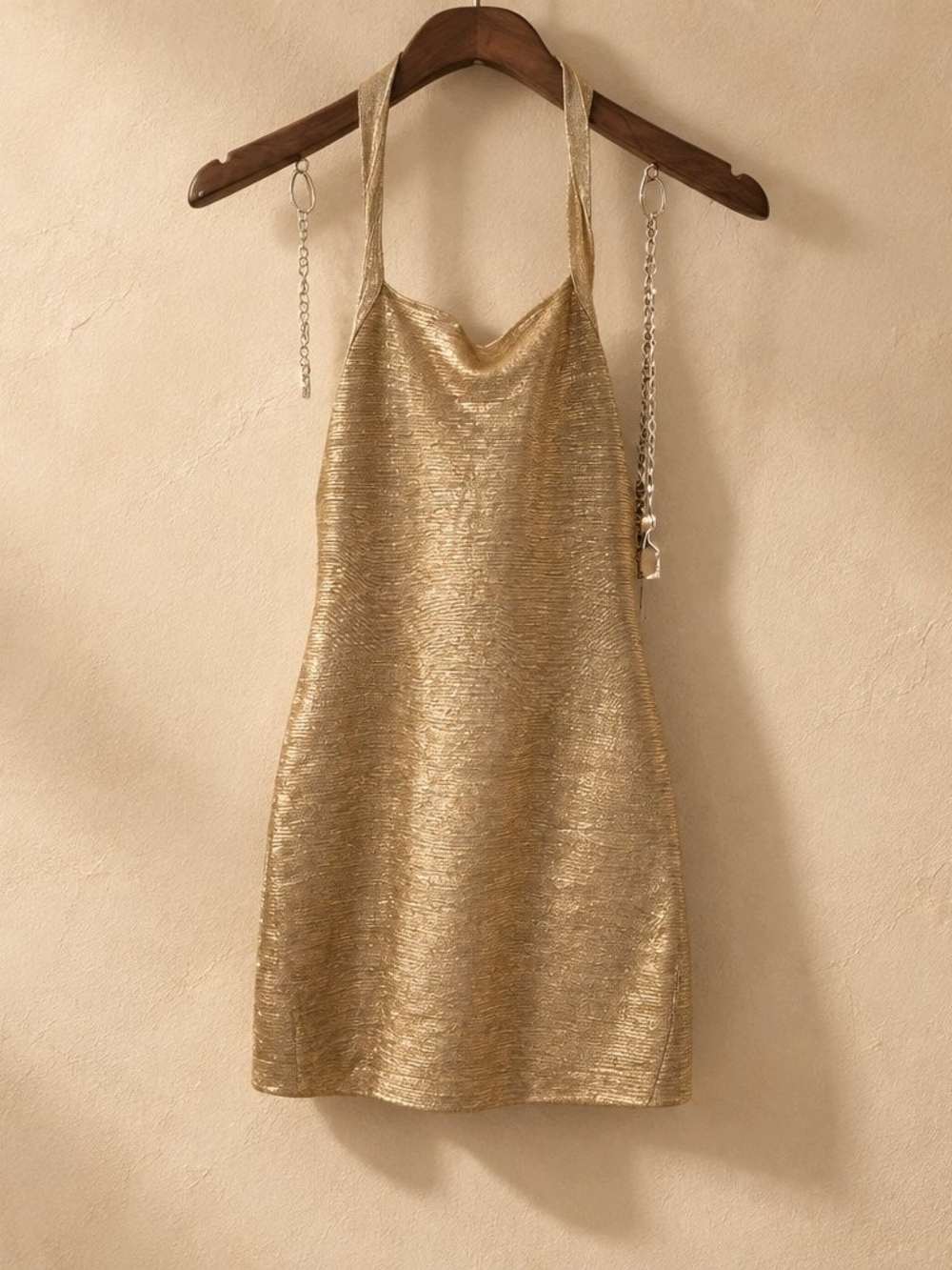 Sleeveless Shimmery Gold Halter Mini Dress